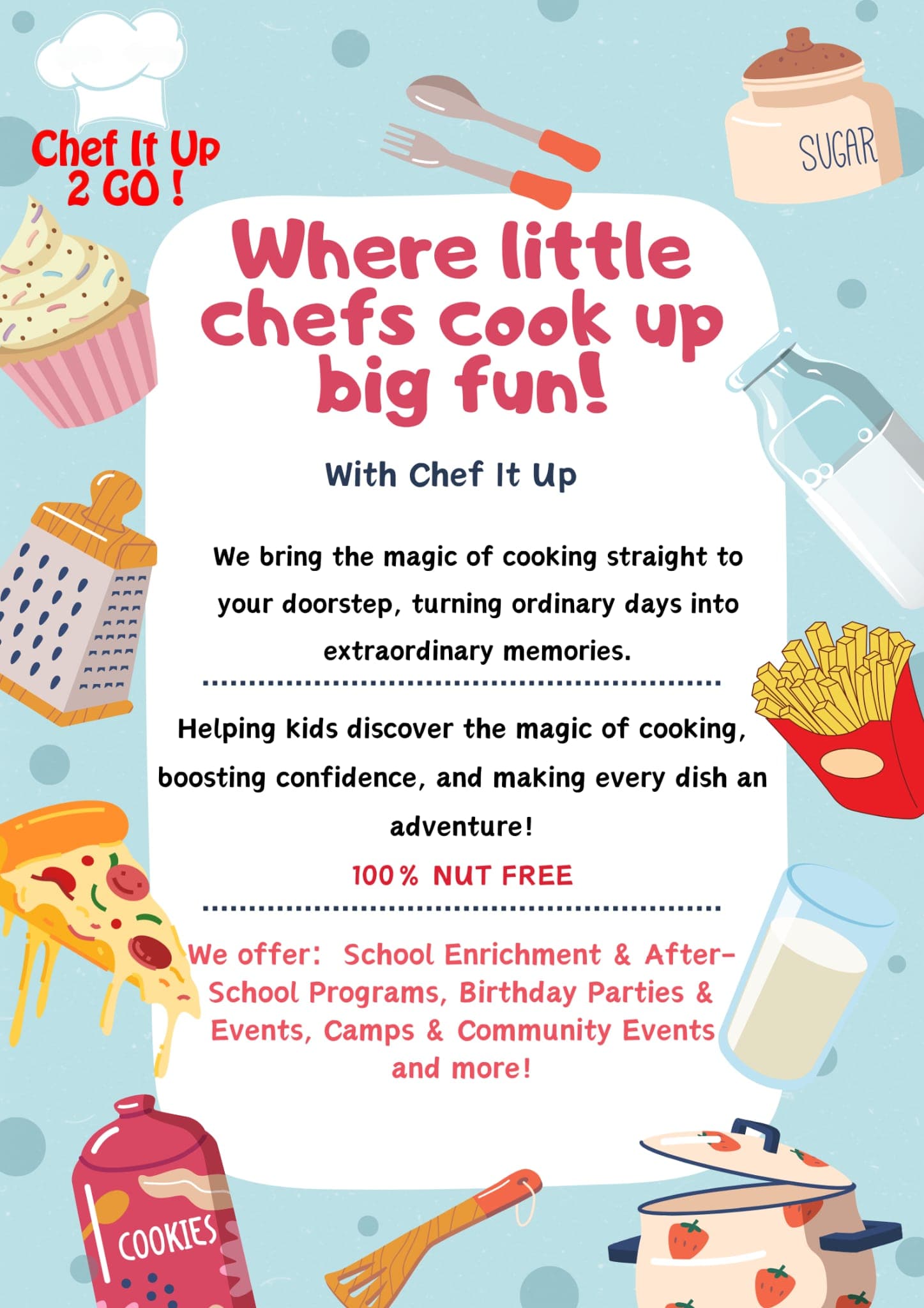 Chef It Up 2 Go print marketing flyer detail, light blue background