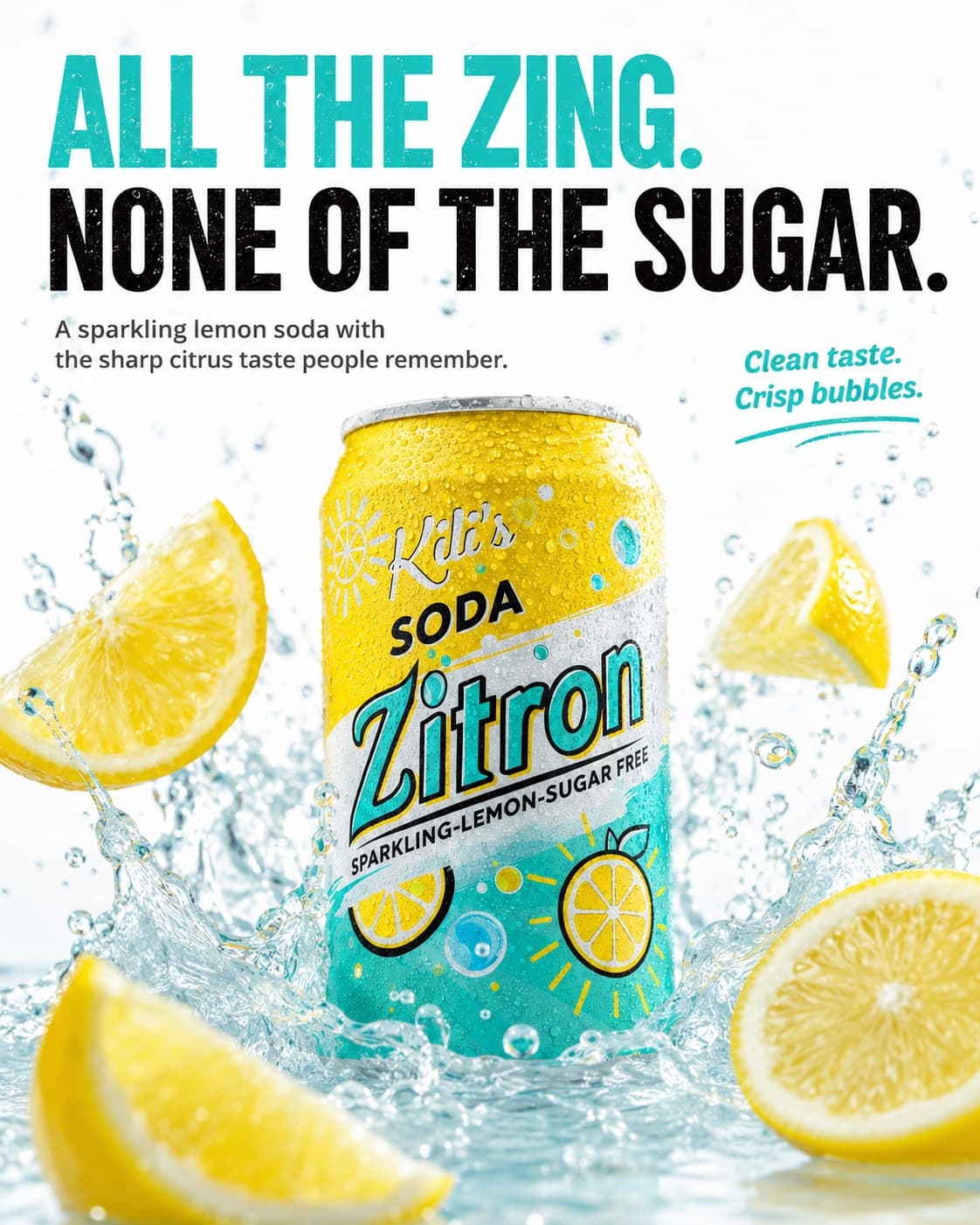 "All the zing, none of the sugar" print ad for Killian's Soda Zitron on a white background